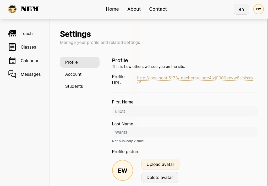 Settings page